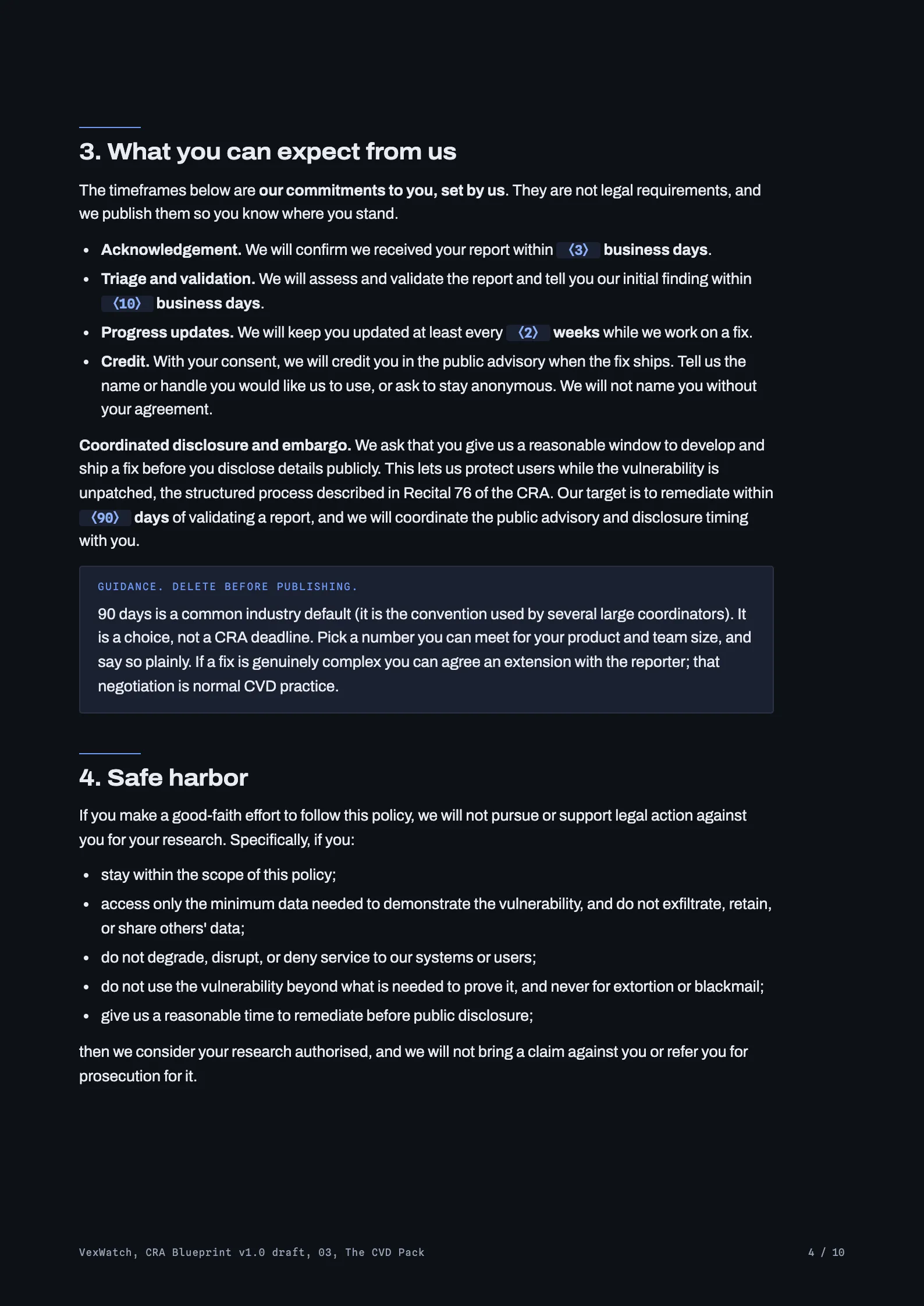 A page from the CVD policy in the dark screen edition