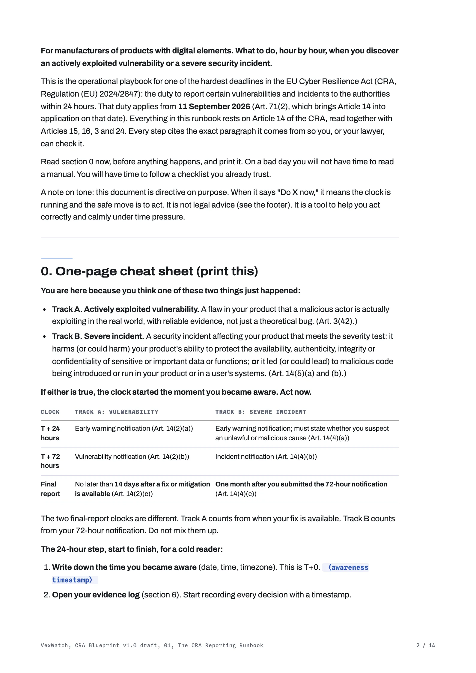 The one-page cheat sheet with the 24-hour, 72-hour, and final-report clocks